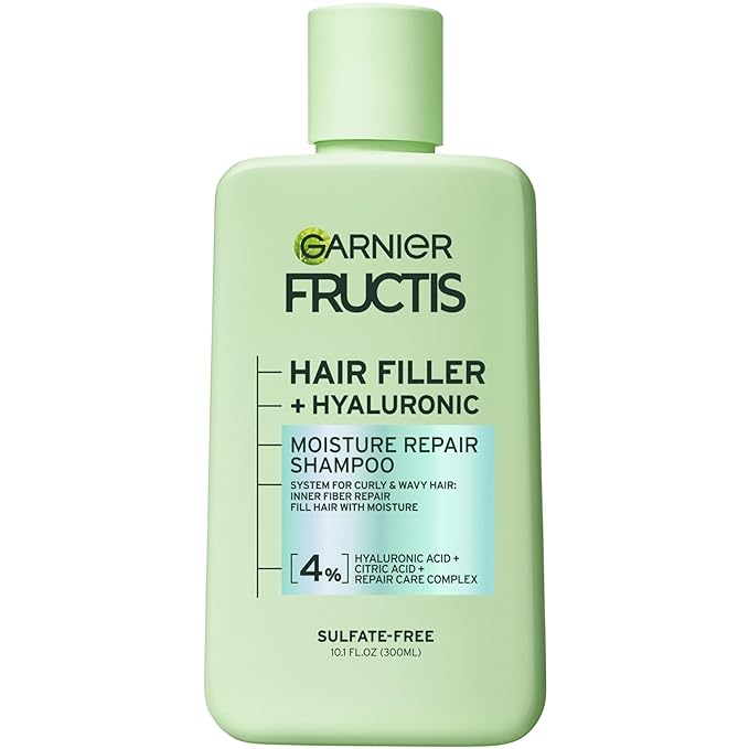 Garnier Fructis Hair Filler Moisture Repair Shampoo, Sulfate Free Shampoo for Curly, Wavy Hair with Hyaluronic Acid, 10.1 Fl Oz, 1 Count