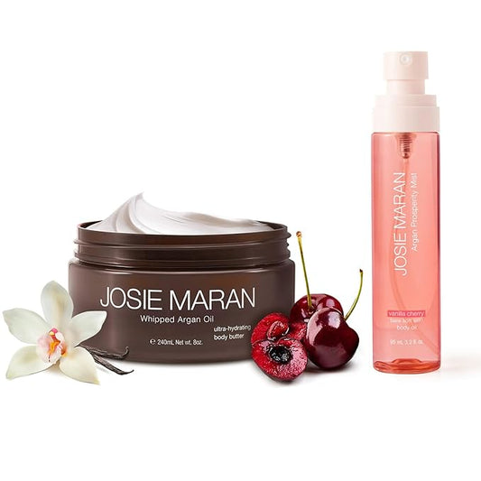 Josie Maran Argan Layering Kit - Whipped Argan Oil Body Butter + Prosperity Body Mist - Delivers an All Over Body Glow, Intense Hydration & Absorbs Quickly - Vanilla Cherry (2 Piece Set)