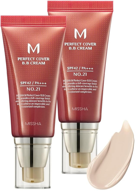 MISSHA M Perfect Cover BB Cream Dual Pack No.21 Light Beige - Light with Cool Undertone SPF 42 PA +++ 1.69 Fl Oz - Tinted Moisturizer with SPF