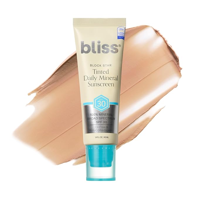 Bliss Block Star SPF 30 Daily Tinted Mineral Sunscreen with Zinc Oxide - All Skin Tones - 100% Mineral Broad Spectrum Sunscreen with Titanium Dioxide & Antioxidant Blend- 1.4 fl oz.