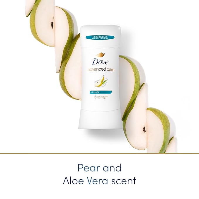Dove Advanced Care Antiperspirant Deodorant Stick Rejuvenate 4 Count to help skin barrier repair after shaving by boosting skin's ceramide levels 72-hour odor control for soft underarms 2.6 oz