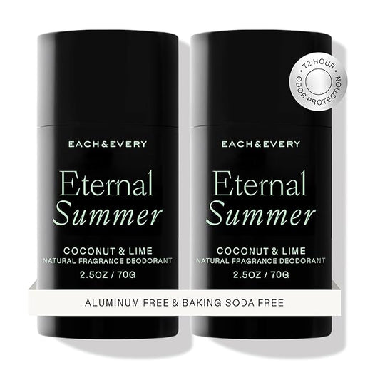 Each & Every Aluminum Free Deodorant for Men & Women, Coconut & Lime - All Natural Deodorant for Sensitive Skin, EWG Verified - Clean, Baking Soda-Free, Plant-Based Fragrance - 2.5oz, 2 Pack