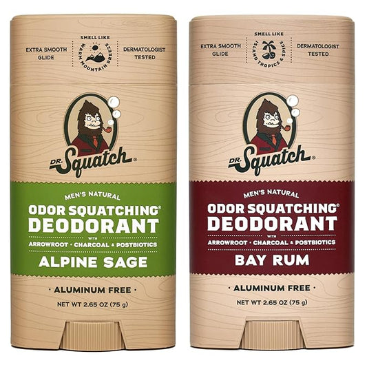 Dr. Squatch Natural Deodorant for Men - Odor-Squatching Aluminum Free - Alpine Sage & Bay Rum (2.65 oz, 2-Pack)