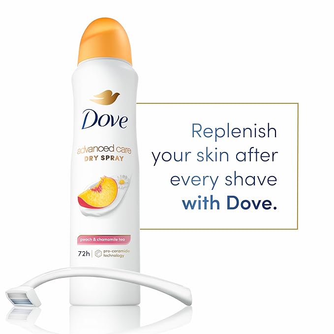 Dove Advanced Care Antiperspirant Deodorant Dry Spray Peach & Chamomile Tea 3ct underarm care boosts skin's ceramide levels 72hour odor control &all-day sweat protection ProCeramide technology 3.8 oz