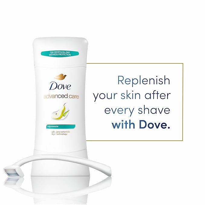 Dove Advanced Care Antiperspirant Deodorant Stick Rejuvenate 4 Count to help skin barrier repair after shaving by boosting skin's ceramide levels 72-hour odor control for soft underarms 2.6 oz