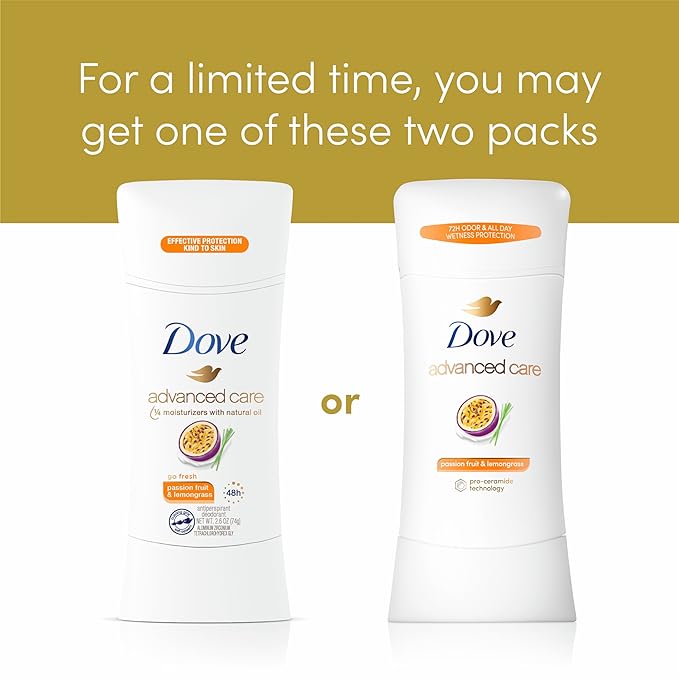 Dove Advanced Care Antiperspirant Deodorant Stick Passion Fruit & Lemongrass scent 4 Count Antiperspirant deodorant with Pro Ceramide Technology 72-hour odor control and all-day sweat protection 2.6oz