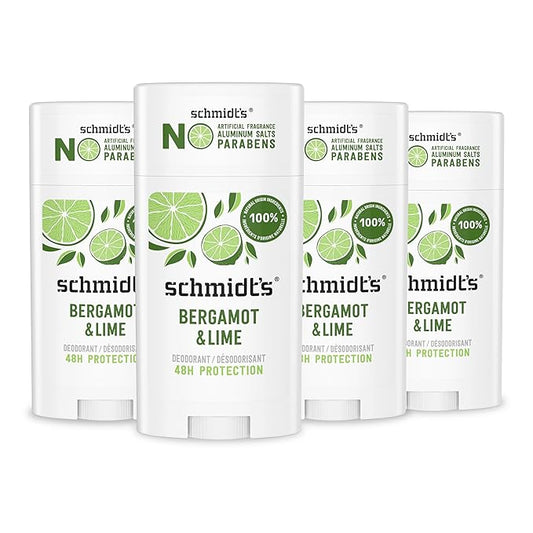 Schmidt's Aluminum-Free Vegan Deodorant Bergamot & Lime 4 Count for Women and Men, with 24 Hour Odor Protection, Natural Ingredients, Cruelty-Free, 2.65 oz