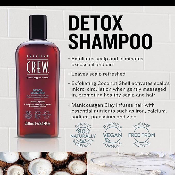 American Crew Detox Shampoo for Men, Naturally Derived, Vegan Formula, Citrus Mint Fragrance, 8.45 Fl Oz