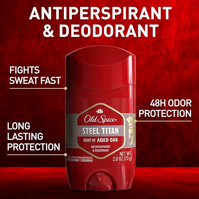 Old Spice Antiperspirant Deodorant for Men, 24/7 Sweat & Odor Protection, 24/7 Lasting Freshness, Invisible Solid, Steel Titan with Aged Oak Scent, 2.6 oz (Pack of 6)