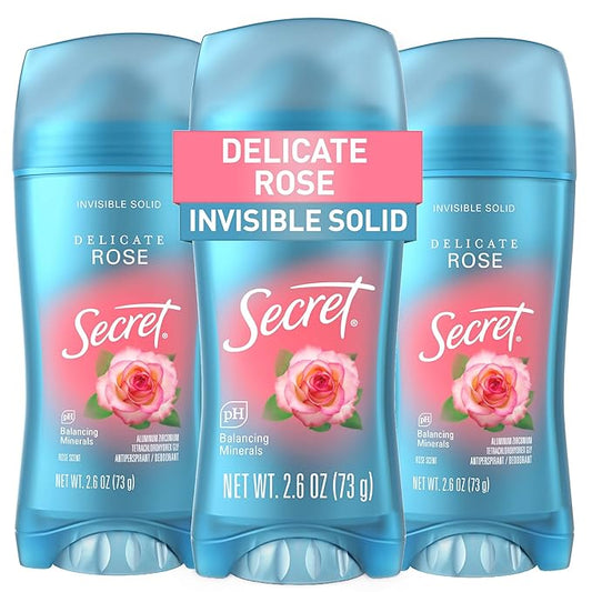 Secret Fresh Antiperspirant Deodorant for Women, 72hr Breathable Sweat & Odor Protection, Instant Freshness & Gentle, PH Balancing Minerals, Invisible Solid, Delicate Rose Scent, 2.6 oz (Pack of 3)