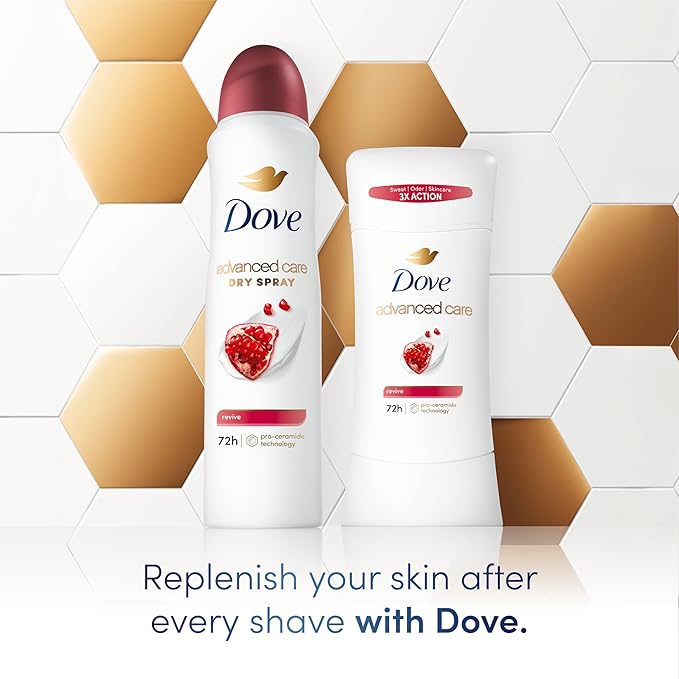 Dove Advanced Care Antiperspirant Deodorant Stick Revive to help skin barrier repair after shaving by boosting skin's ceramide levels 72 hour odor control and all-day sweat protection 2.6 oz
