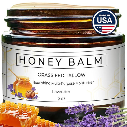 Tallow and Honey Balm, Organic Body Butter, Grass-Fed Beef Tallow for Skin, Soothing All-Natural Moisturizer for Body and Face | Made in USA - 2 oz (Lavender)