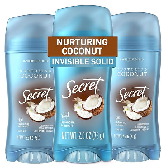 Secret Fresh Antiperspirant Deodorant for Women, 72hr Breathable Sweat & Odor Protection, Instant Freshness & Gentle, PH Balancing Mineral, Invisible Solid, Nurturing Coconut Scent, 2.6 oz (Pack of 3)