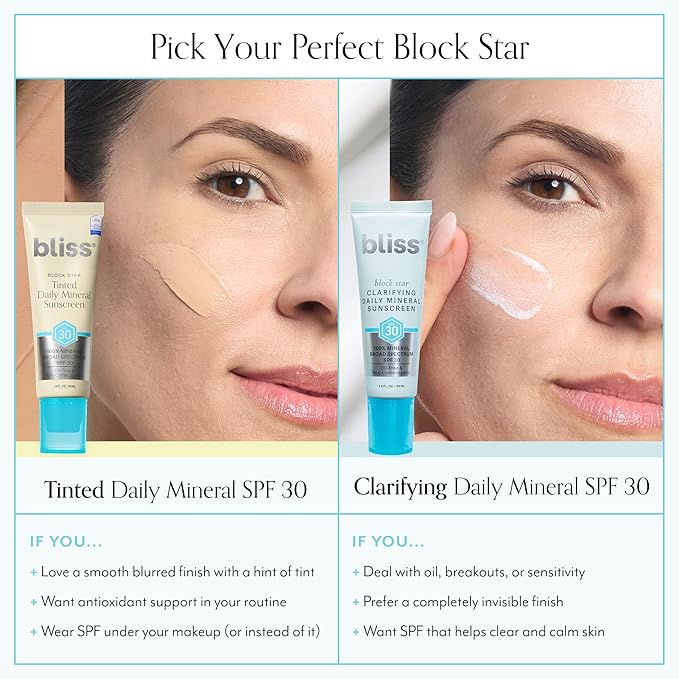 Bliss Block Star SPF 30 Daily Tinted Mineral Sunscreen with Zinc Oxide - All Skin Tones - 100% Mineral Broad Spectrum Sunscreen with Titanium Dioxide & Antioxidant Blend- 1.4 fl oz.