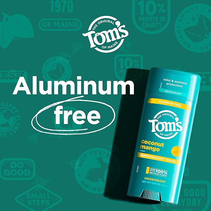 Tom's of Maine Coconut Mango Aluminum Free Natural Deodorant For Women & Men | Goes on Clear | Odor & Wetness Protection | Naturally Derived and Moisture-Locking Ingredients | 3.25 oz (2 Pack)