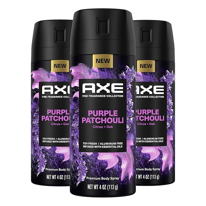 AXE Fine Fragrance Collection Premium Body Spray Purple Patchouli with Citrus + Oak Essential Oils 3 Count with 72H Odor Protection Aluminum-Free 4 oz