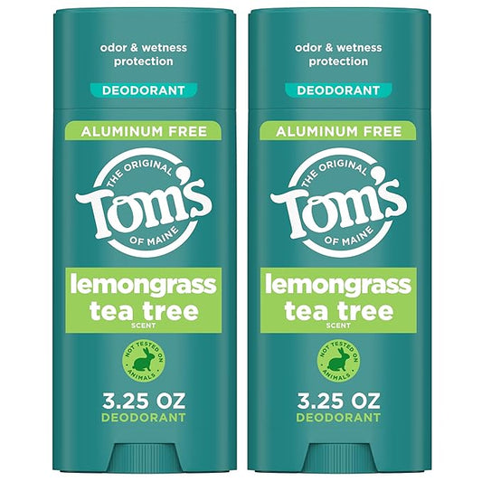 Tom's of Maine Lemongrass Tea Tree Aluminum Free Natural Deodorant For Women & Men | Goes on Clear | Odor & Wetness Protection | Naturally Derived and Moisture-Locking Ingredients | 3.25 oz (2 Pack)
