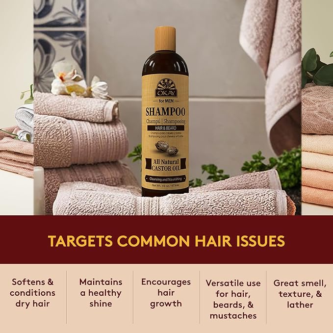 Okay for MEN Castor Oil Hair & Beard Shampoo - Hydrating Shampoo for Healthy Hair & Beard Growth, Moisturizing Care, Strengthen & Restore Damage, Natural, Sulfate-Free - 16 Oz