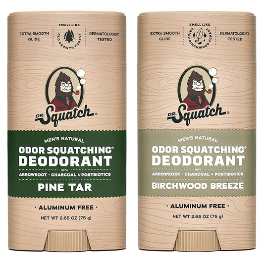 Dr. Squatch Natural Deodorant for Men - Odor-Squatching Aluminum Free - Pine Tar & Birchwood Breeze (2.65 oz, 2-Pack)