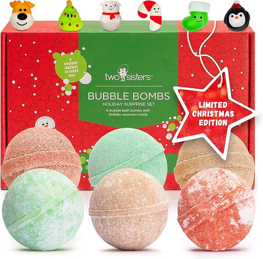 Christmas Bath Bombs for Kids with Surprise Toys Inside (6 Pack) - Holiday Gifts and Stocking Stuffers for Boys and Girls - Bubble Treats with Cheerful Scents, USA Made by Two Sisters