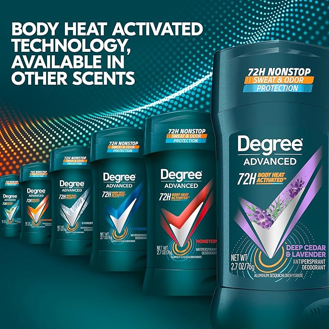 Degree Men Antiperspirant Deodorant Stick Deep Cedar & Lavender 4 Count 72-Hour Sweat and Odor Protection Deodorant for Men With Body Heat Activated Technology 2.7 oz